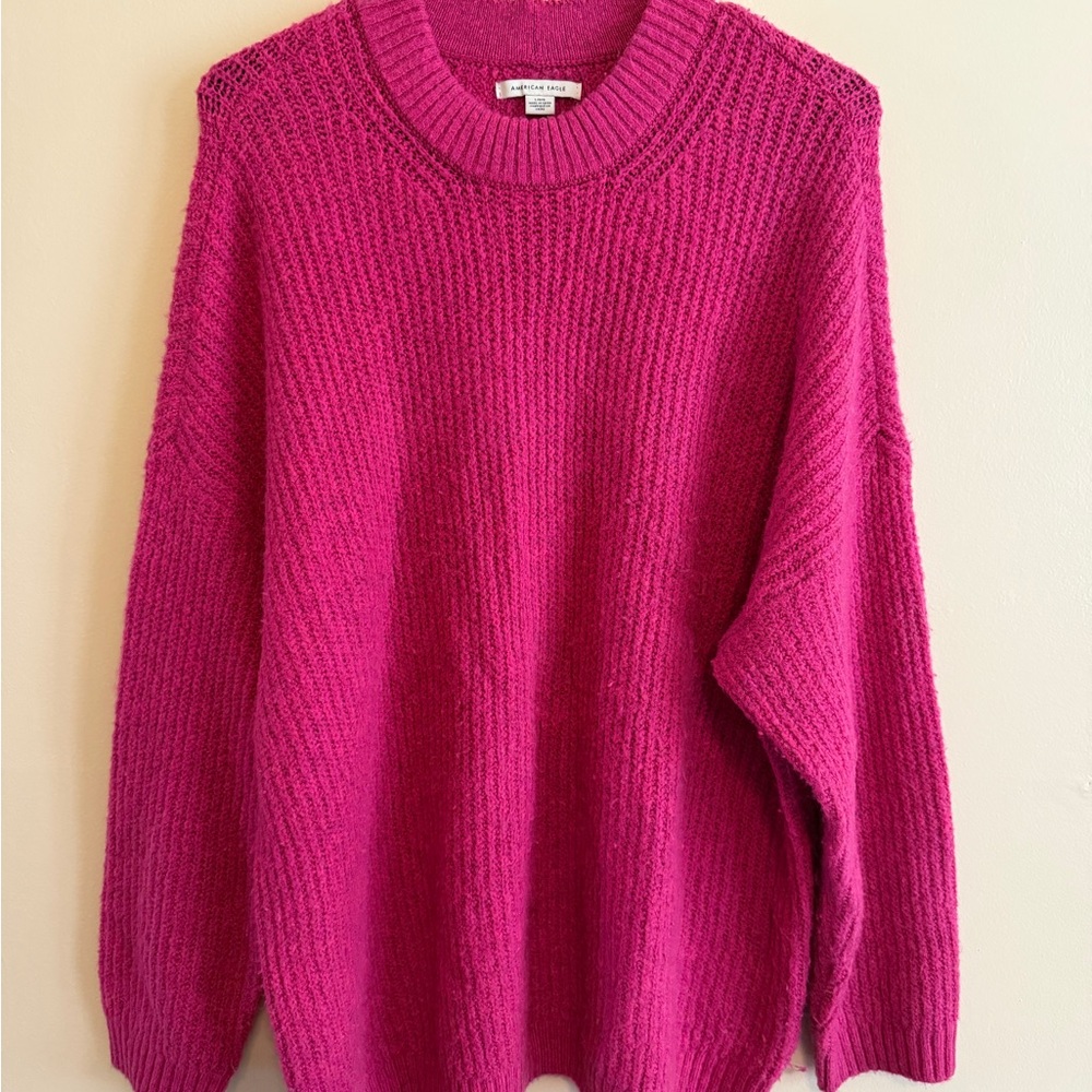 American Eagle Outfitters Bright Fuchsia Ribbed Crewneck Sweater